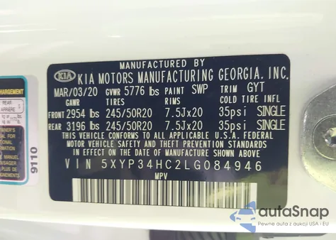 2020 Kia Telluride Ex z USA, uszkodzony, nr VIN 5XYP34HC2LG084946